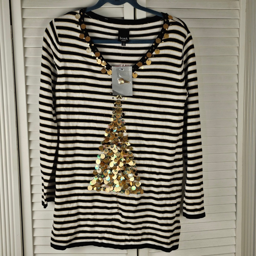 NWT Berek Womens Black White‎ Gold Embellished Sequin Christmas Tree Sweater Sml
